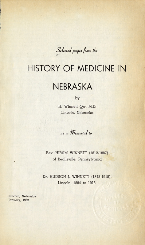  Scan of "Selected pages from the History of Medicine in Nebraska" title page by Orr 