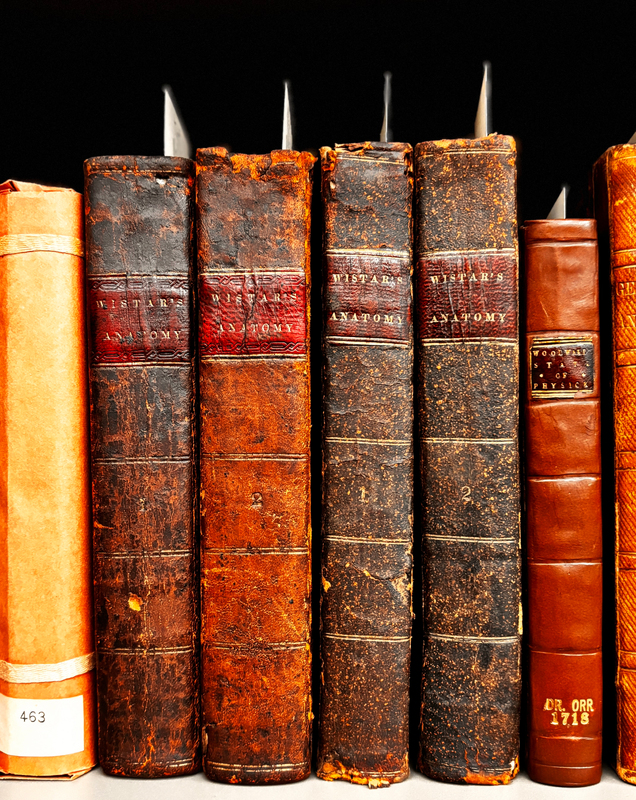 photograph of south rare book room shelves with Orr collection  